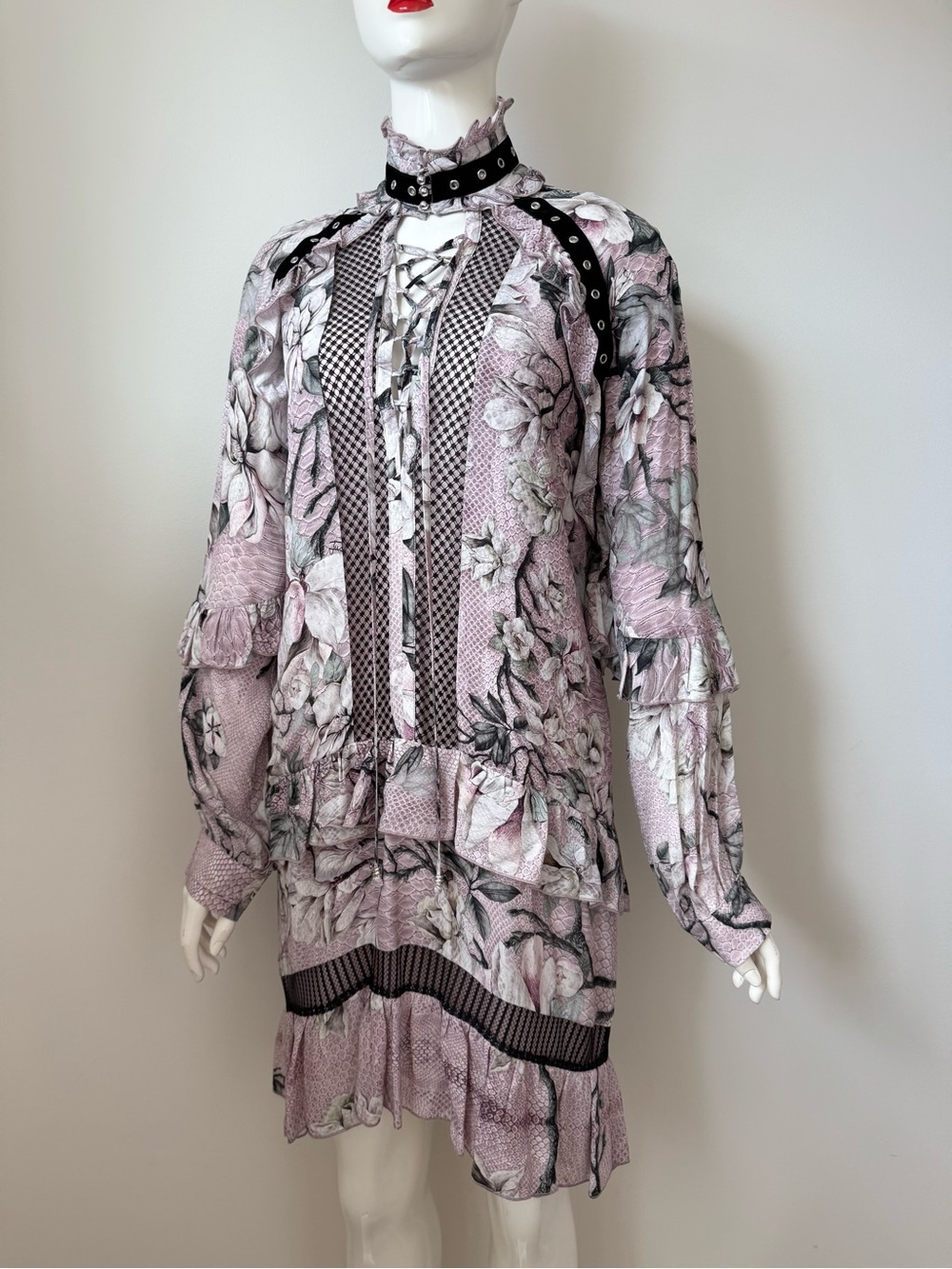 Roberto cavalli Floral Lace-Up Ruffled Dress - Pink Floral
